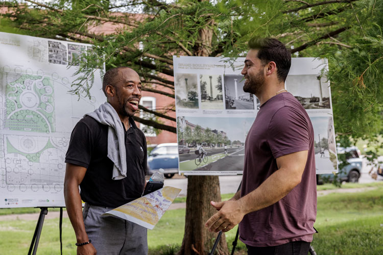 Otis Pat Woodard and Matthew Bernstine, director of the Office for Socially Engaged Practice, attend the groundbreaking event for Peace Park in the College Hill neighborhood.